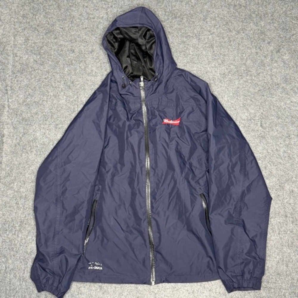 Dri Duck Mens Budweiser Windbreaker Jacket Navy Blue Full Zip Hooded Large 5068